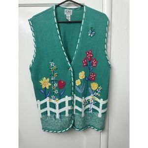 Vintage Embroidered Floral Cottagecore Koret Francisca Knit Cardigan size XL